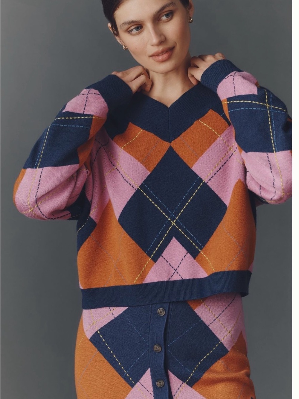 Maeve Argyle V-Neck Sweater in Pink, Navy & Orange